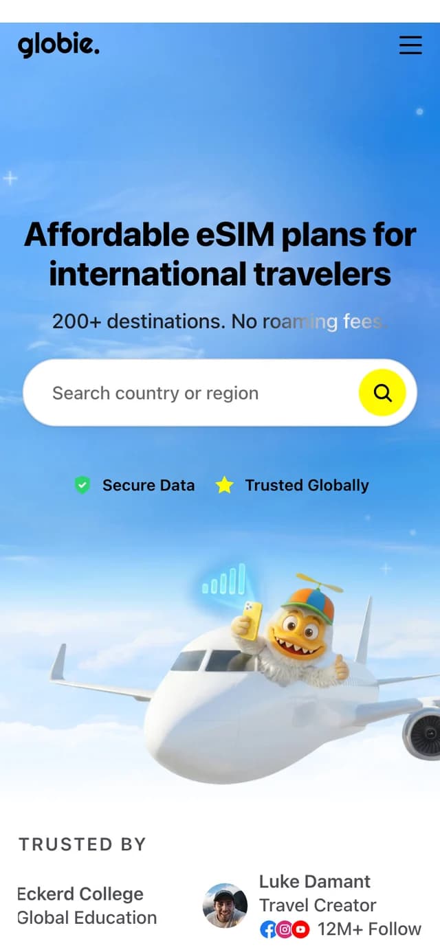 The Globie store on a phone, with the destination search and the value proposition in the first screen.