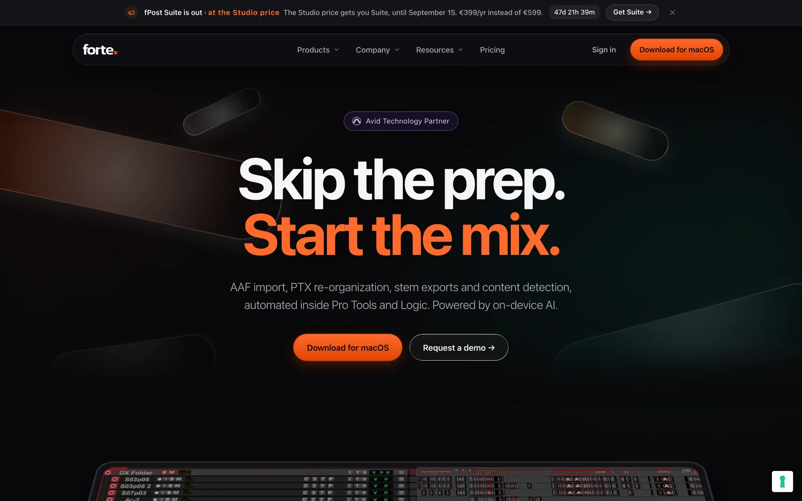 The Forte AI homepage: Skip the prep, Start the mix, with Download for macOS and Request a demo buttons.