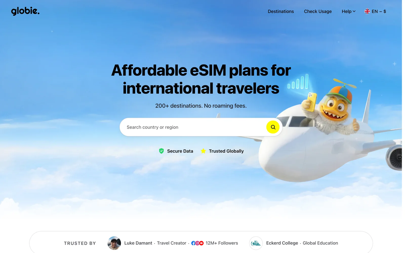 The Globie store: a destination search bar under the headline about affordable eSIM plans, with a trust bar naming travel creator Luke Damant beside a 12M+ follower count.