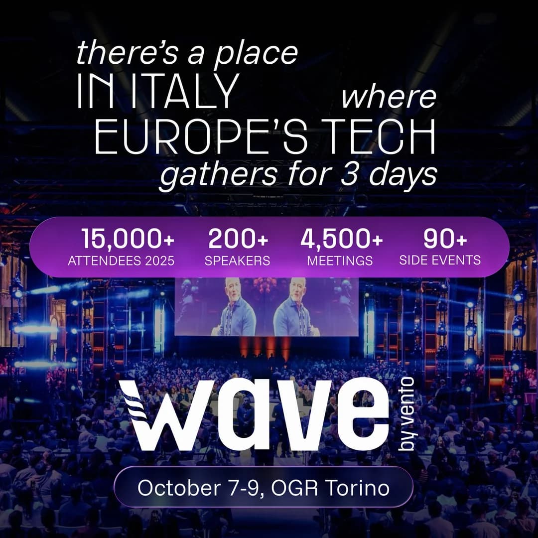 Square ad creative showing the packed venue with a band of statistics across it: 15,000+ attendees, 200+ speakers, 4,500+ meetings, 90+ side events.