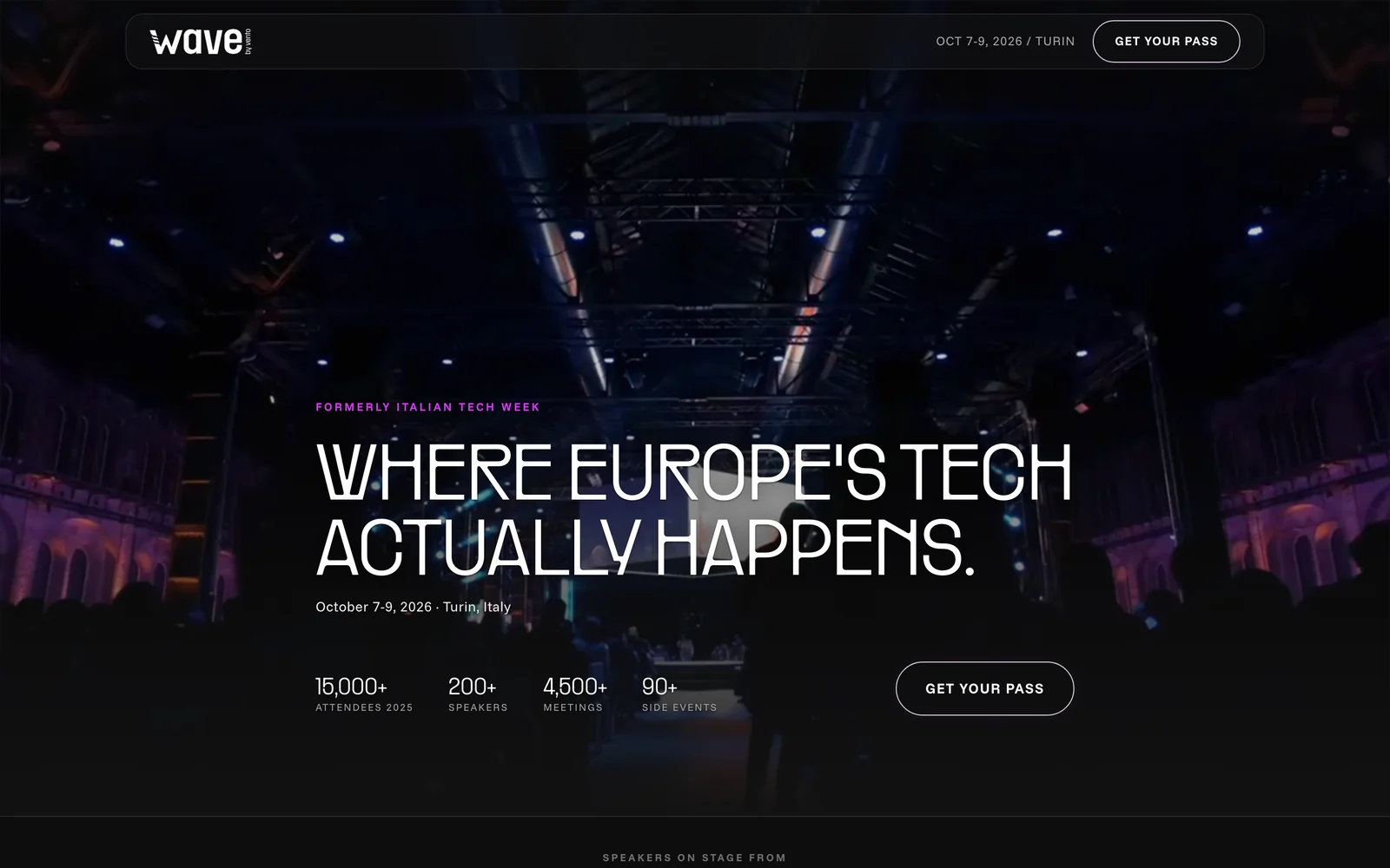 The landing page above the fold: a value-led headline, the date and location, four proof numbers, a buy button, and the company logo wall starting at the fold.